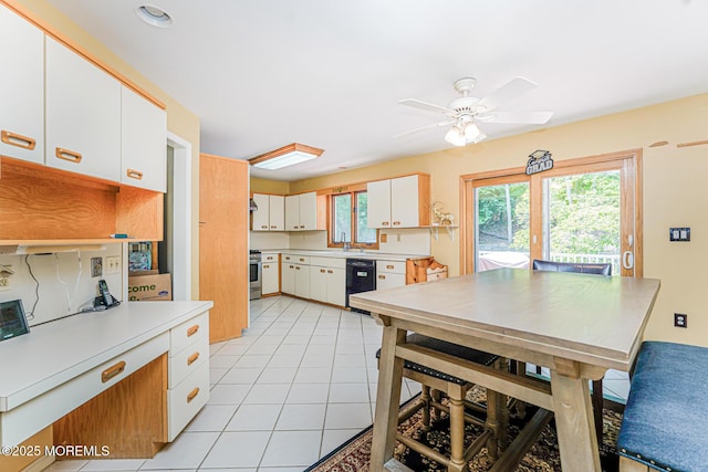 35 High Ridge Rd, Ocean Twp, NJ 07712 - kitchen with dishwasher, light tile patterned floors, a ceiling fan, white cabinetry, and light countertops