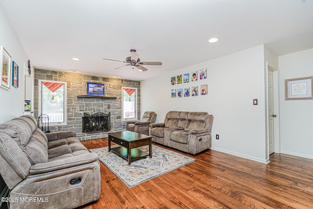 35 High Ridge Rd, Ocean Twp, NJ 07712 - living room featuring ceiling fan, a fireplace, wood finished floors, and recessed lighting
