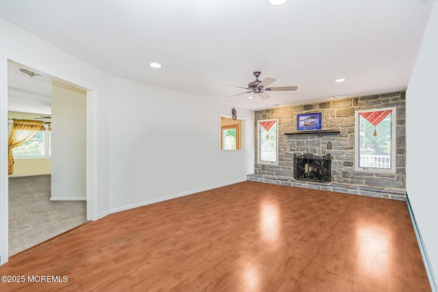 35 High Ridge Rd, Ocean Twp, NJ 07712 - unfurnished living room featuring ceiling fan, a fireplace, recessed lighting, and wood finished floors