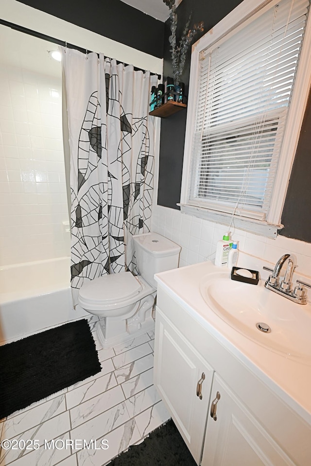 8 Michelle Ave, South Amboy, NJ 08879 - full bath featuring vanity, marble finish floors, toilet, shower / bath combination with curtain, and tile walls