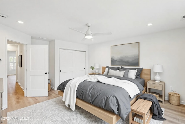 559 Holmdel Rd, Hazlet, NJ 07730 - bedroom with a closet, light wood finished floors, recessed lighting, baseboards, and ceiling fan