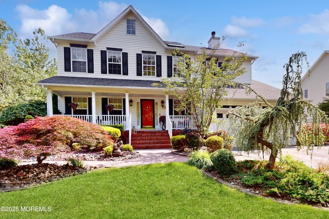 1 Crescent Rd, Old Bridge, NJ 08857 - view of front facade with a porch, a front lawn, a chimney, and roof with shingles