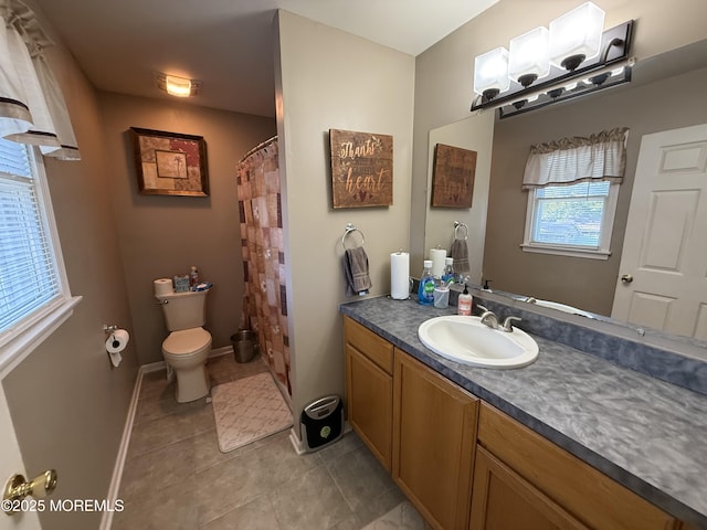 27 Pacific Ave, North Middletown, NJ 07748 - bathroom featuring vanity, toilet, tile patterned floors, a shower with curtain, and baseboards