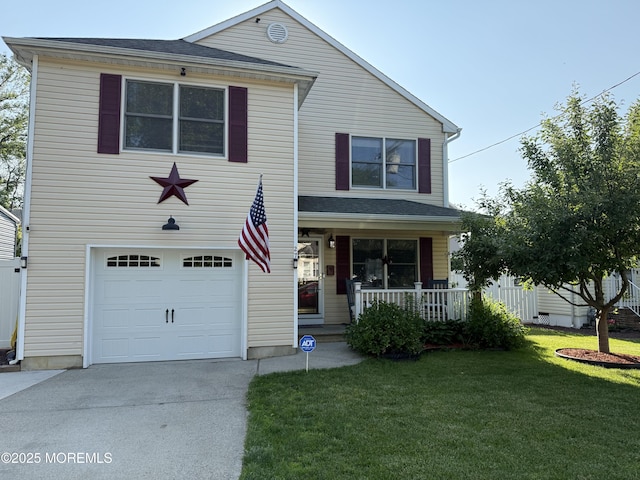 27 Pacific Ave, North Middletown, NJ 07748 - traditional home featuring a garage, a porch, a front lawn, and concrete driveway