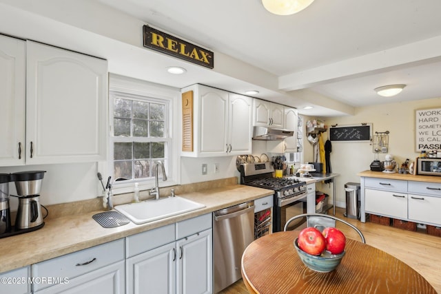 1592 W Front St, Lincroft, NJ 07738 - kitchen featuring appliances with stainless steel finishes, a sink, under cabinet range hood, white cabinets, and beamed ceiling