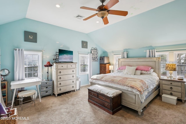 1592 W Front St, Lincroft, NJ 07738 - carpeted bedroom with vaulted ceiling, multiple windows, and a ceiling fan