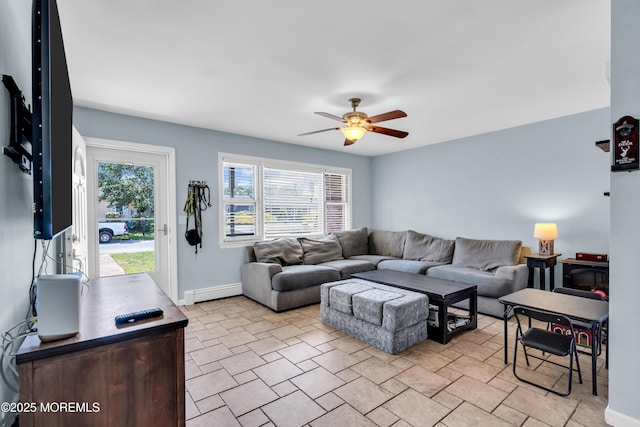 1004 Pensacola Rd, Forked River, NJ 08731 - living room featuring a baseboard heating unit, ceiling fan, and baseboards