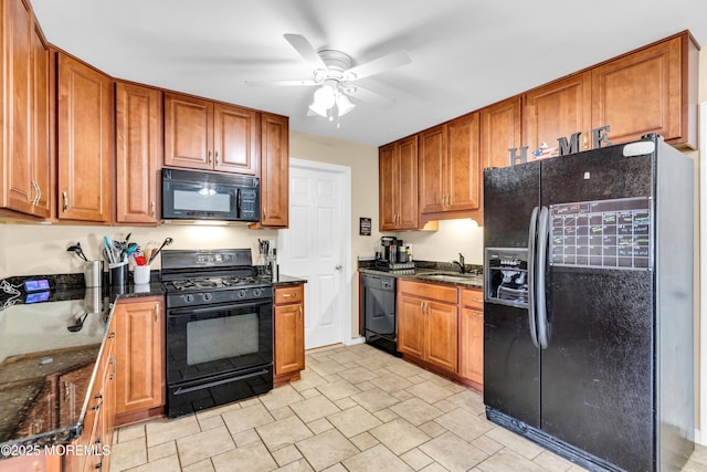 1004 Pensacola Rd, Forked River, NJ 08731 - kitchen featuring black appliances, ceiling fan, and brown cabinets