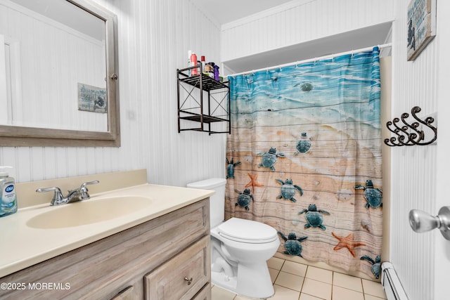 1004 Pensacola Rd, Forked River, NJ 08731 - full bathroom featuring vanity, tile patterned floors, toilet, baseboard heating, and a shower with curtain