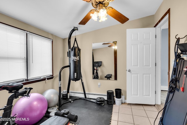 1004 Pensacola Rd, Forked River, NJ 08731 - exercise area featuring a ceiling fan, a baseboard radiator, baseboards, and light tile patterned floors