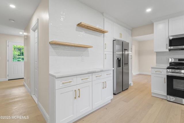 5 Rose St, Lincroft, NJ 07738 - kitchen featuring appliances with stainless steel finishes, open shelves, decorative backsplash, light wood-type flooring, and recessed lighting