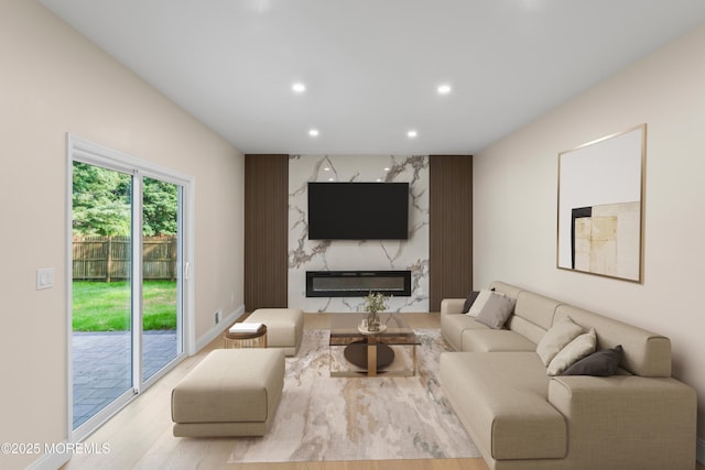 5 Rose St, Lincroft, NJ 07738 - living room featuring recessed lighting, wood finished floors, and a premium fireplace