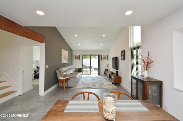 11 Fern Ct, Tinton Falls, NJ 07724 - living area with vaulted ceiling, recessed lighting, stairway, and baseboards