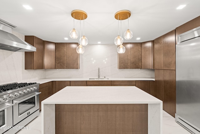 441 Slocum Pl, Oakhurst, NJ 07755 - kitchen with a sink, high end appliances, wall chimney range hood, modern cabinets, and light countertops