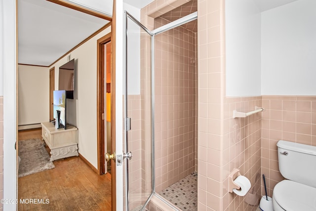 81 Curtis Pl, Manasquan, NJ 08736 - bathroom featuring a shower stall, toilet, wood finished floors, and a baseboard radiator