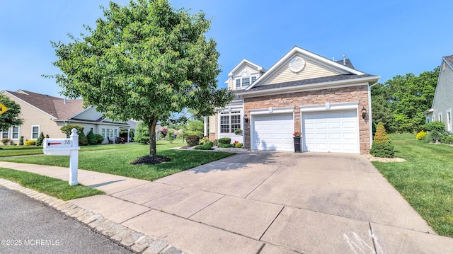 38 Ocean Grove Ln, Waretown, NJ 08758 - view of front facade featuring a front yard, driveway, an attached garage, and stone siding