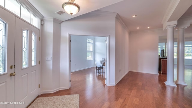 38 Ocean Grove Ln, Waretown, NJ 08758 - entrance foyer featuring decorative columns, crown molding, wood finished floors, baseboards, and recessed lighting