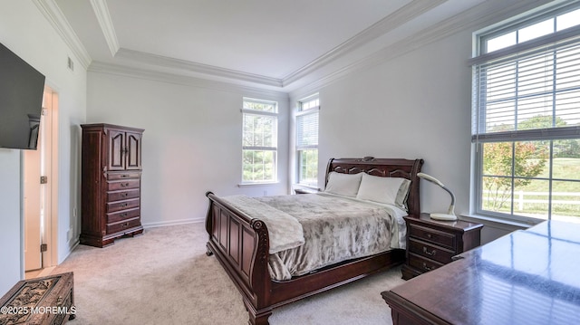 38 Ocean Grove Ln, Waretown, NJ 08758 - bedroom with multiple windows, light carpet, ornamental molding, a raised ceiling, and baseboards