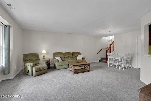 503 Oswego Ct, Mount Laurel, NJ 08054 - carpeted living area with stairs and a chandelier