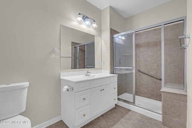 113 Sophee Ln, Lakewood, NJ 08701 - bathroom with toilet, vanity, a stall shower, and tile patterned floors
