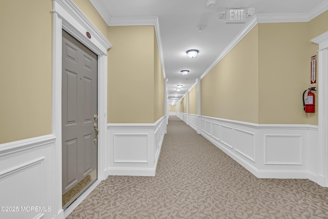 113 Sophee Ln, Lakewood, NJ 08701 - hall featuring wainscoting, ornamental molding, a decorative wall, and carpet floors