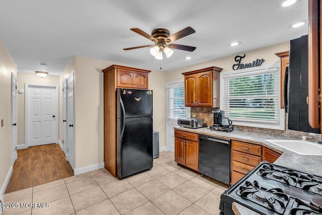 7 E Parkway Pl, Holmdel, NJ 07733 - kitchen featuring black appliances, a sink, a ceiling fan, light tile patterned floors, and recessed lighting