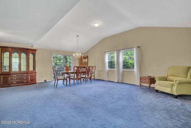 153 Lloyd Rd, Matawan, NJ 07747 - carpeted dining room with vaulted ceiling, a chandelier, and healthy amount of natural light