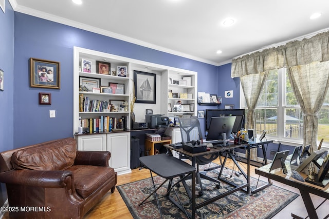 23 Emma Ln, Jackson, NJ 08527 - office space with ornamental molding, light wood-style floors, recessed lighting, and built in shelves