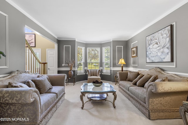 23 Emma Ln, Jackson, NJ 08527 - living area with light carpet, stairway, and ornamental molding