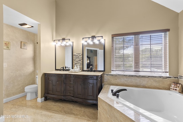 23 Emma Ln, Jackson, NJ 08527 - bathroom with a bath, double vanity, and high vaulted ceiling