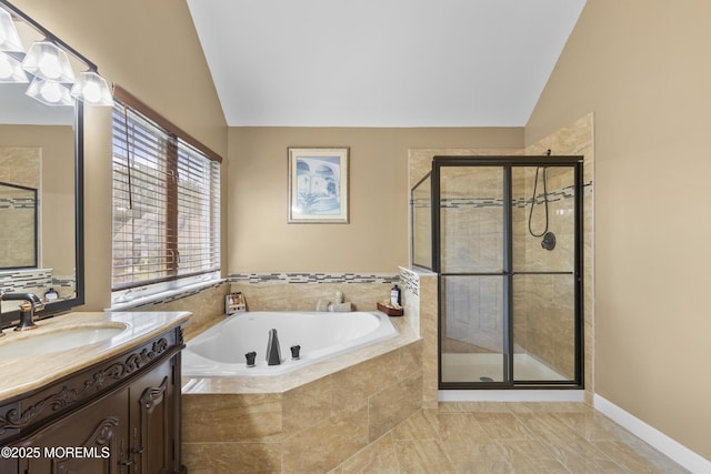 23 Emma Ln, Jackson, NJ 08527 - bathroom featuring lofted ceiling, vanity, a bath, and a shower stall