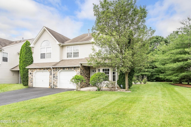 1 Maywood Run, Tinton Falls, NJ 07753 - view of front of house featuring asphalt driveway, an attached garage, a front lawn, stone siding, and roof with shingles