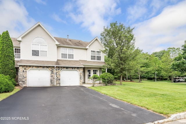 1 Maywood Run, Tinton Falls, NJ 07753 - multi unit property with asphalt driveway, a front lawn, an attached garage, and stone siding