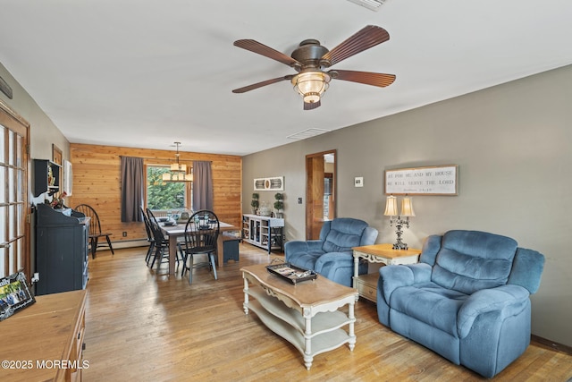 1172 Laurel Dr, Toms River, NJ 08753 - living area with light wood-style flooring, ceiling fan, baseboard heating, and wooden walls