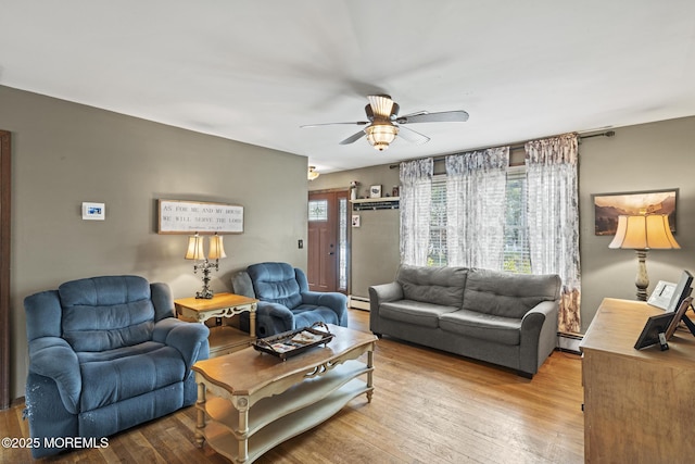 1172 Laurel Dr, Toms River, NJ 08753 - living room featuring a baseboard radiator, wood finished floors, a ceiling fan, and baseboard heating