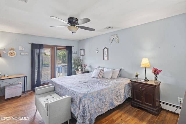 1172 Laurel Dr, Toms River, NJ 08753 - bedroom with a baseboard heating unit, wood finished floors, ceiling fan, and access to exterior