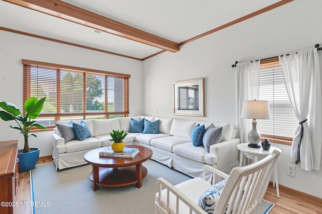 1172 Laurel Dr, Toms River, NJ 08753 - living room featuring wood finished floors, beamed ceiling, and ornamental molding