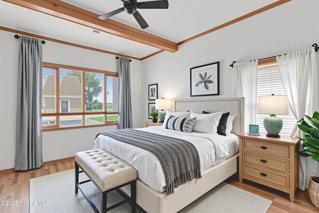 1172 Laurel Dr, Toms River, NJ 08753 - bedroom with light wood-style floors, beamed ceiling, crown molding, and ceiling fan