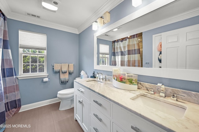 201 Manfre Ct, Freehold, NJ 07728 - full bathroom with baseboards, toilet, double vanity, crown molding, and curtained shower