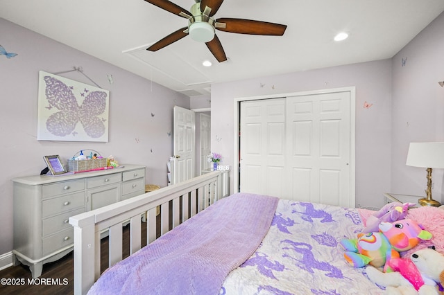 201 Manfre Ct, Freehold, NJ 07728 - bedroom featuring attic access, a closet, dark wood-type flooring, recessed lighting, and ceiling fan