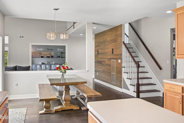 201 Manfre Ct, Freehold, NJ 07728 - dining area with stairs, dark wood-style floors, baseboards, recessed lighting, and a chandelier