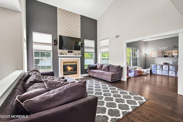 201 Manfre Ct, Freehold, NJ 07728 - living area with high vaulted ceiling, wood finished floors, and a large fireplace