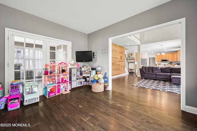 201 Manfre Ct, Freehold, NJ 07728 - recreation room with wood finished floors, baseboards, recessed lighting, and a chandelier