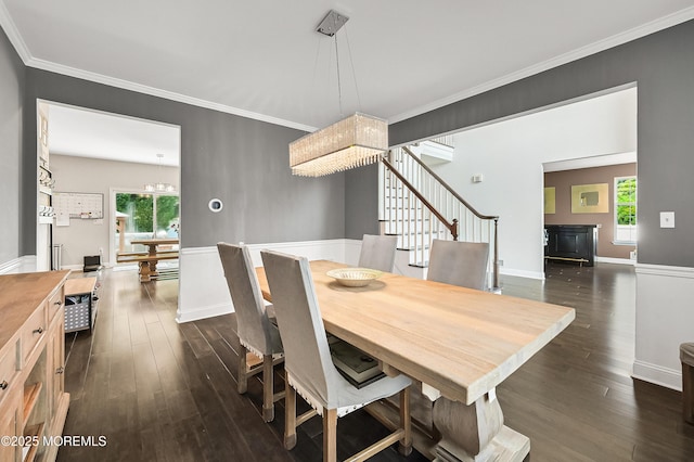 201 Manfre Ct, Freehold, NJ 07728 - dining space featuring dark wood-type flooring, a chandelier, healthy amount of natural light, and crown molding
