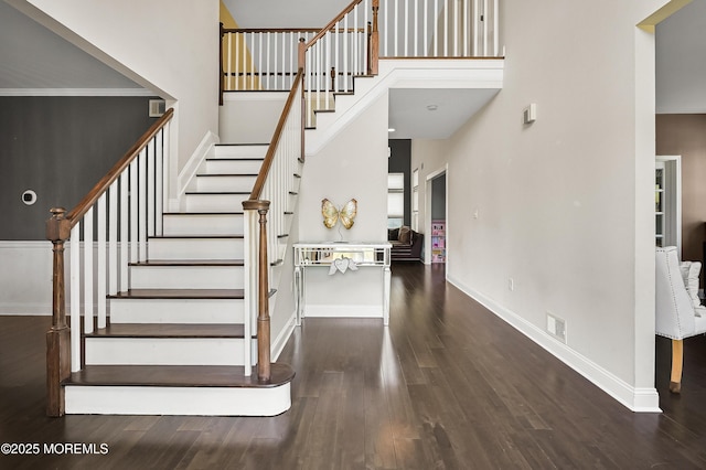 201 Manfre Ct, Freehold, NJ 07728 - stairway with a high ceiling, wood finished floors, and baseboards
