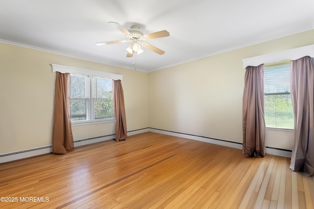 96 Gordons Corner Rd, Manalapan, NJ 07726 - unfurnished room with light wood finished floors, a ceiling fan, crown molding, and baseboard heating