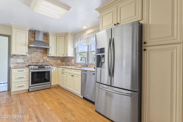 96 Gordons Corner Rd, Manalapan, NJ 07726 - kitchen featuring cream cabinets, appliances with stainless steel finishes, wall chimney range hood, a sink, and recessed lighting