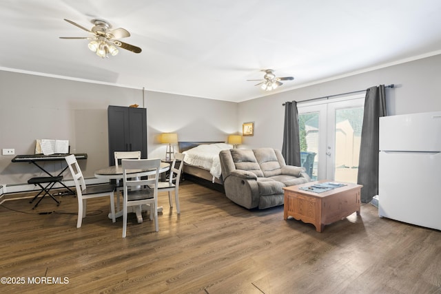 96 Gordons Corner Rd, Manalapan, NJ 07726 - bedroom featuring freestanding refrigerator, access to outside, wood finished floors, and ornamental molding