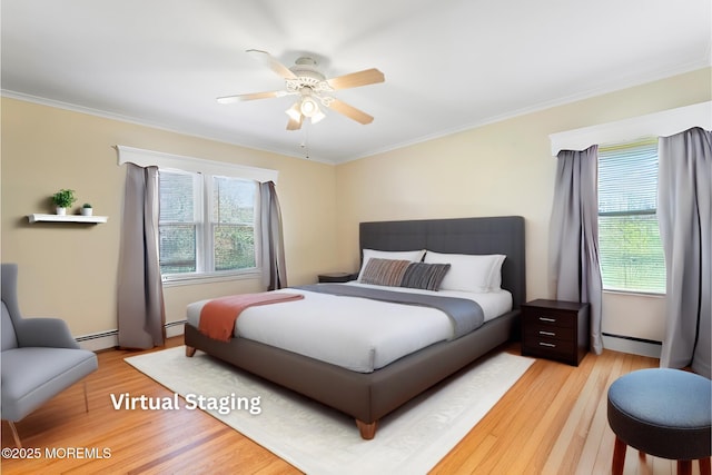 96 Gordons Corner Rd, Manalapan, NJ 07726 - bedroom with multiple windows, light wood-type flooring, a baseboard heating unit, and ornamental molding