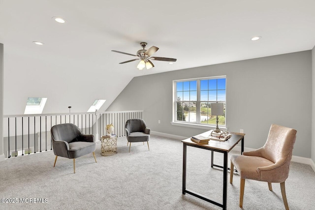 6 Isabella Dr, Manchester, NJ 08759 - home office with carpet floors, a ceiling fan, recessed lighting, baseboards, and a skylight